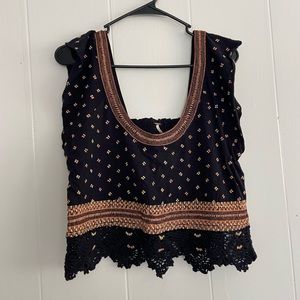 Free People Embroidered Tank with Lace Detailing M